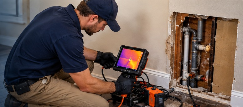 Professional using diagnostic equipment during a leak detection inspection